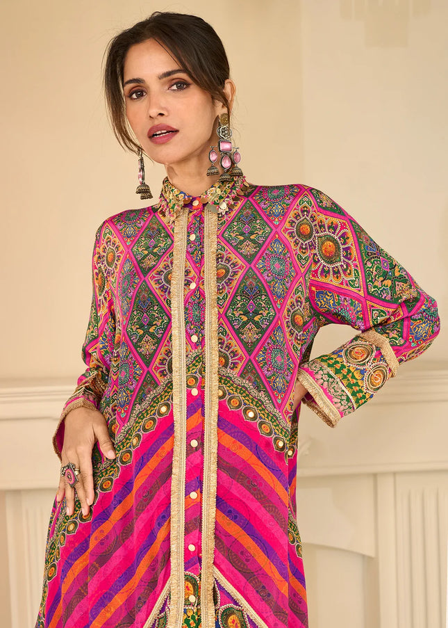 Pink and Purple Embroidered Pant Style Suit