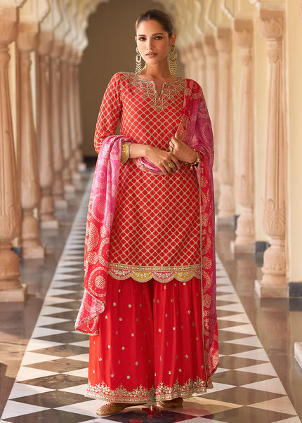 Red Embroidered Gharara Suit