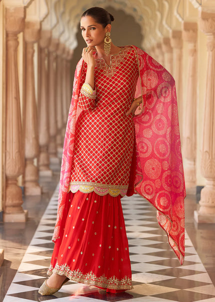 Red Embroidered Gharara Suit