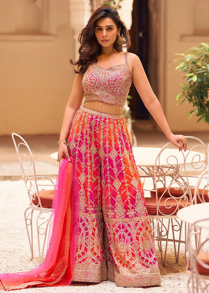 Pink and Orange Embroidered Palazzo Suit