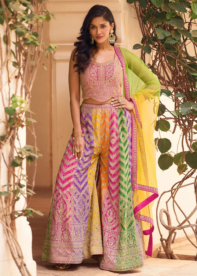 Pink Multicolor Embroidered Palazzo Suit