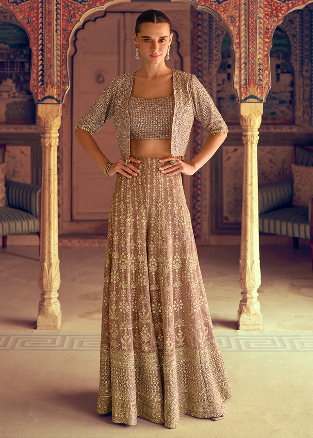 Mauve Embroidered Jacket Style Sharara Suit