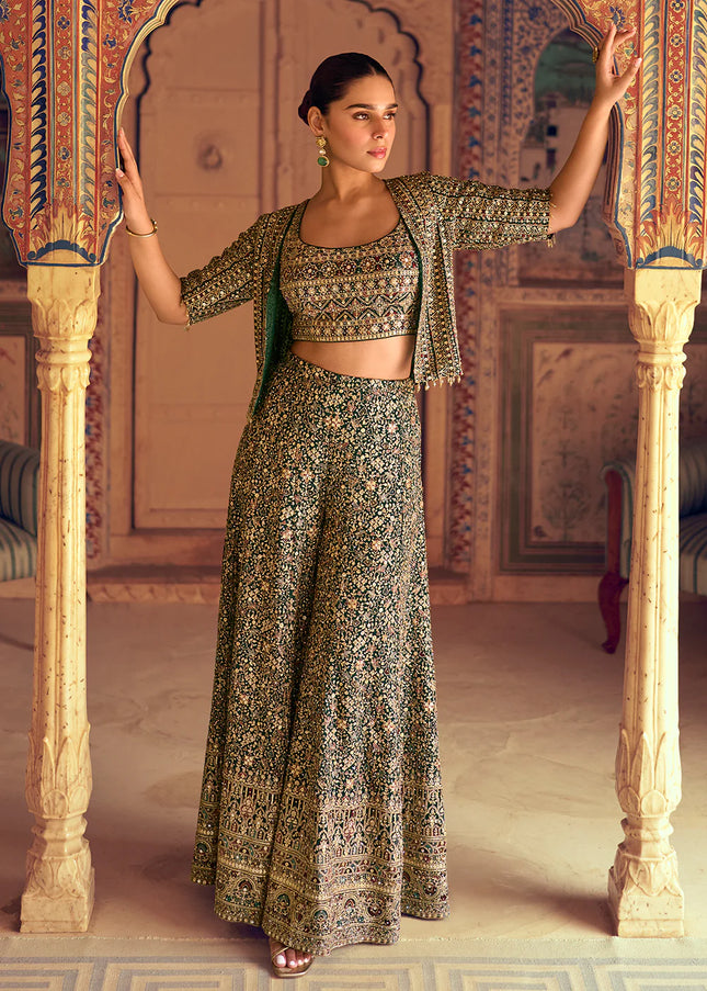 Green Embroidered Jacket Style Sharara Suit
