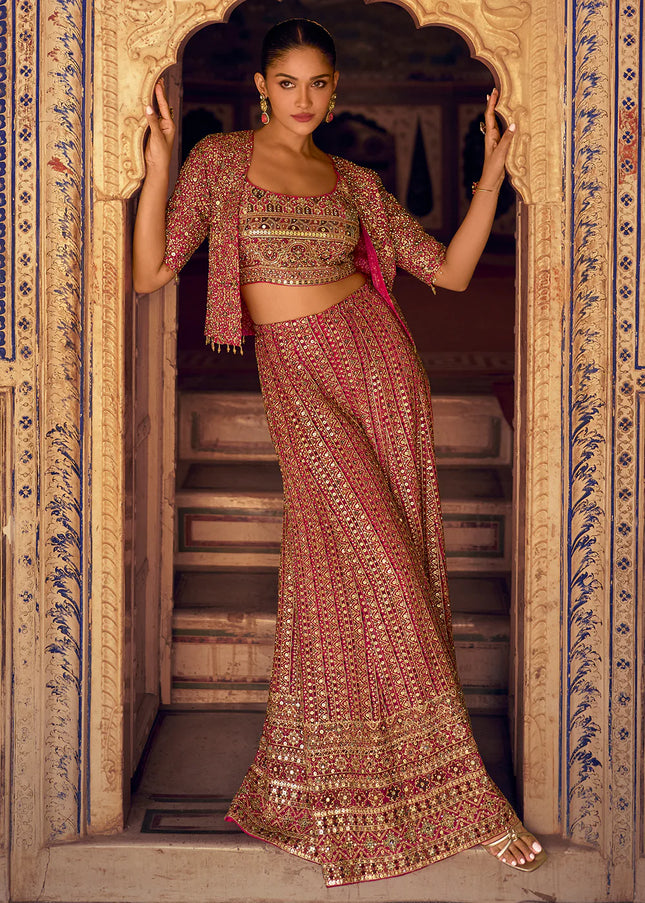 Pink Embroidered Jacket Style Sharara Suit