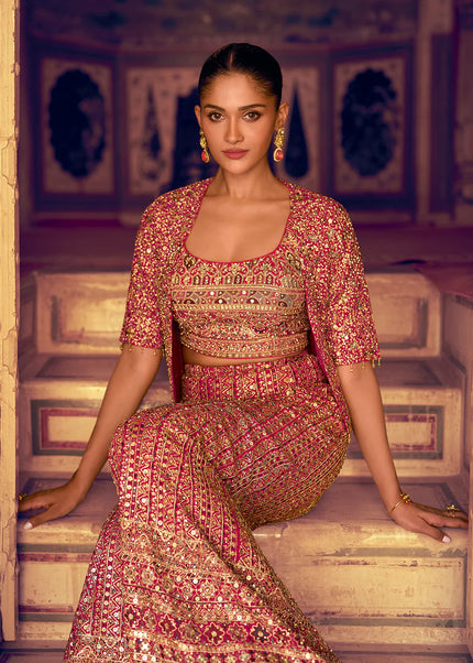 Pink Embroidered Jacket Style Sharara Suit
