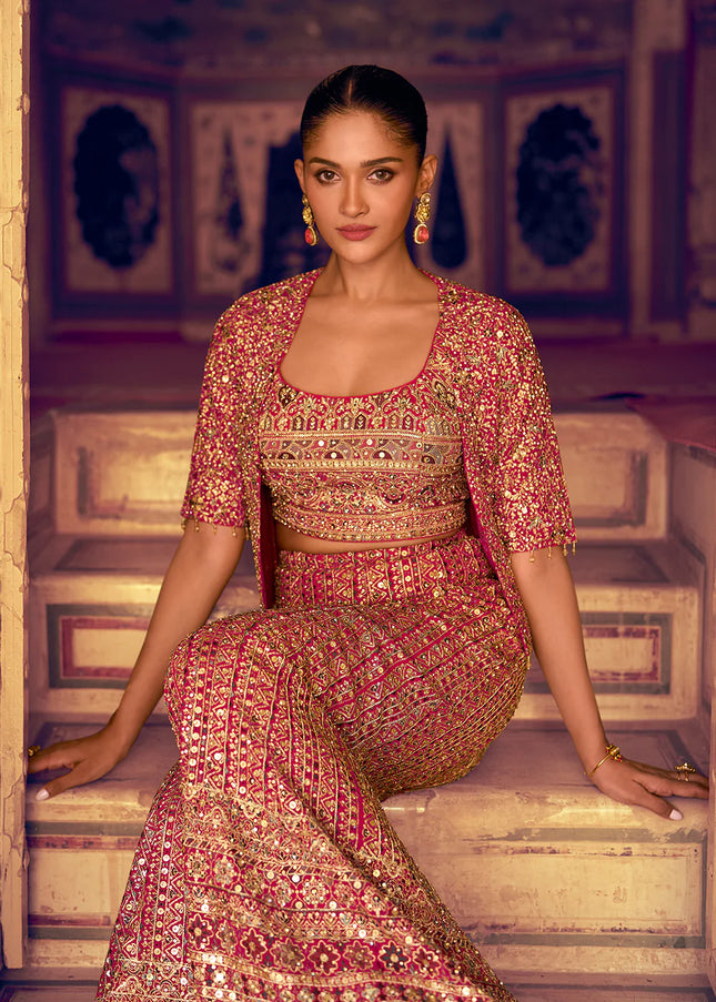 Pink Embroidered Jacket Style Sharara Suit