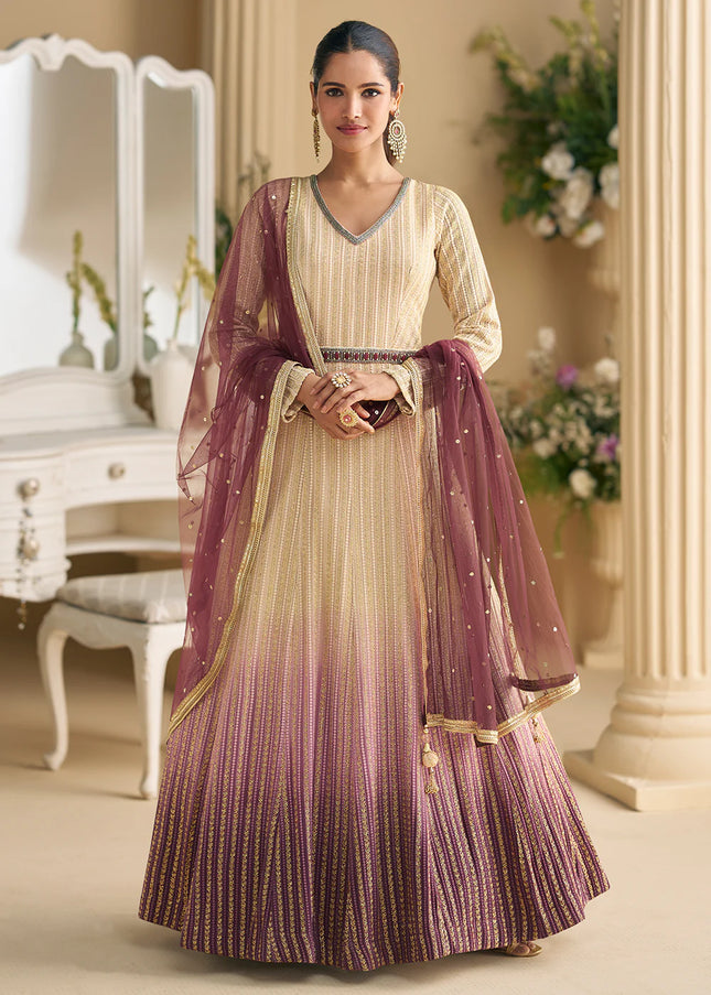 Cream Embroidered Anarkali Gown