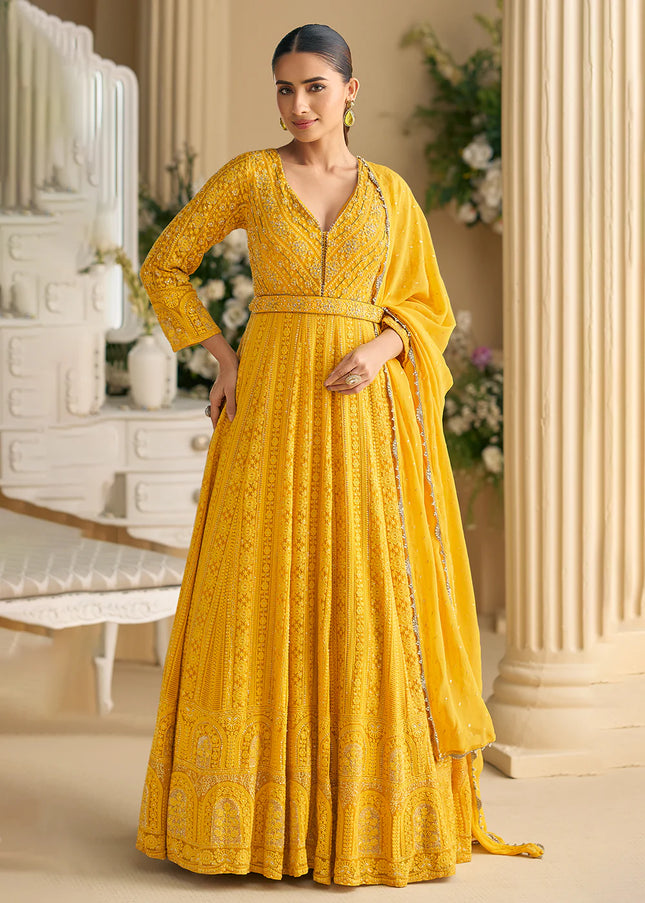 Yellow Embroidered Anarkali Gown
