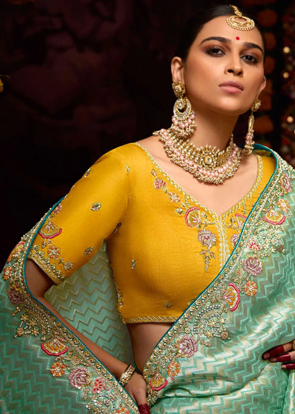 Yellow and Sky Blue Embroidered Wedding Saree