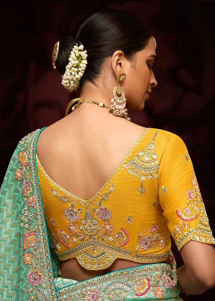 Yellow and Sky Blue Embroidered Wedding Saree