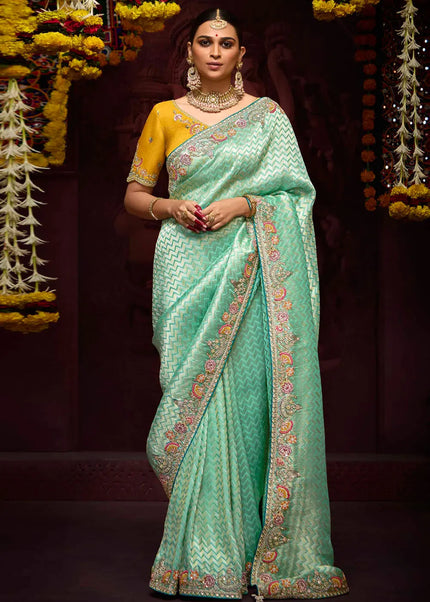 Yellow and Sky Blue Embroidered Wedding Saree