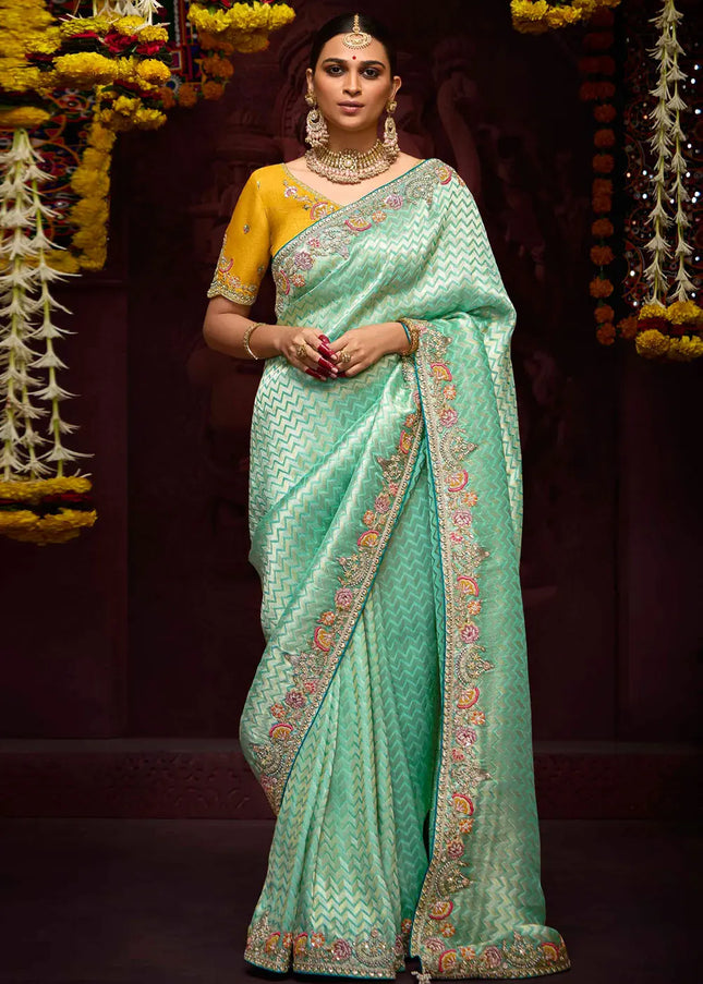 Yellow and Sky Blue Embroidered Wedding Saree