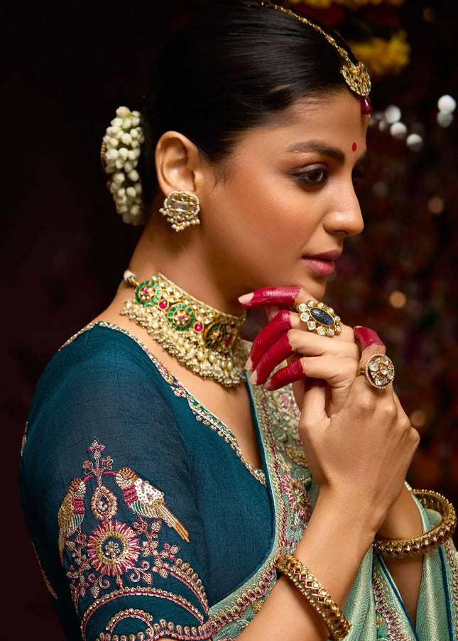 Sea Green and Blue Embroidered Wedding Saree