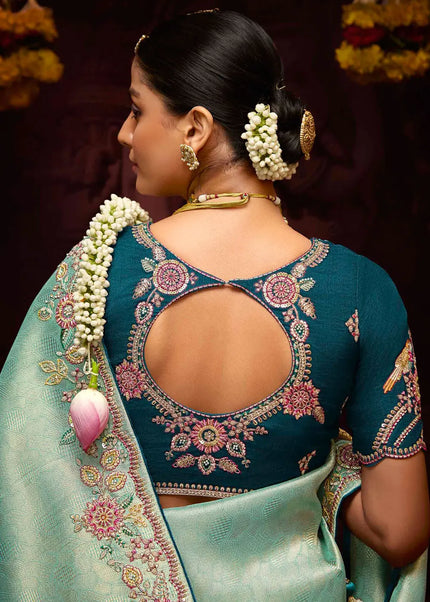 Sea Green and Blue Embroidered Wedding Saree