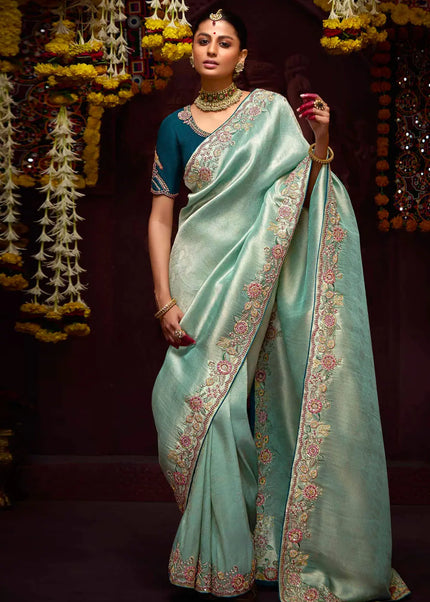 Sea Green and Blue Embroidered Wedding Saree