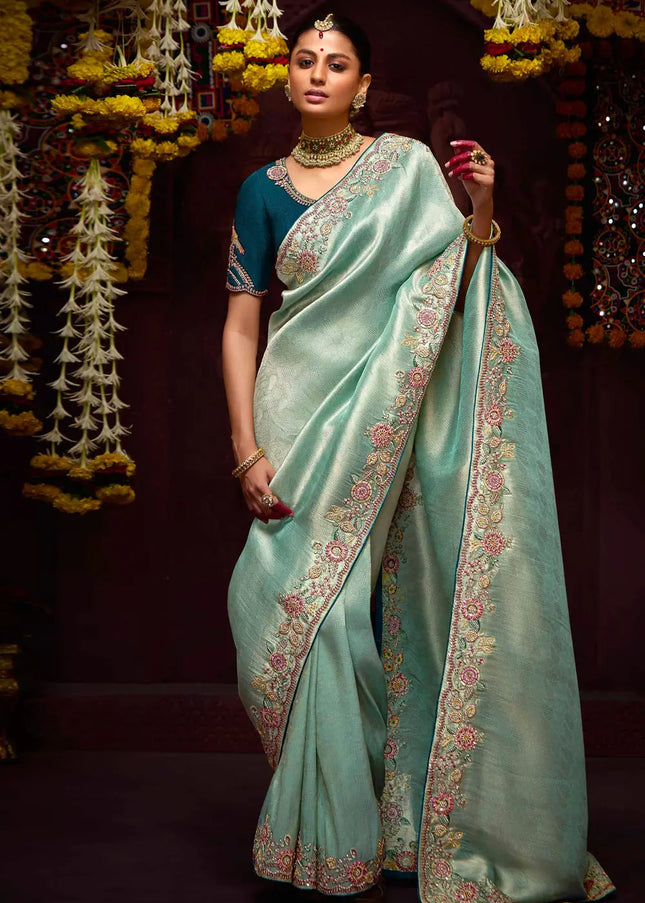 Sea Green and Blue Embroidered Wedding Saree