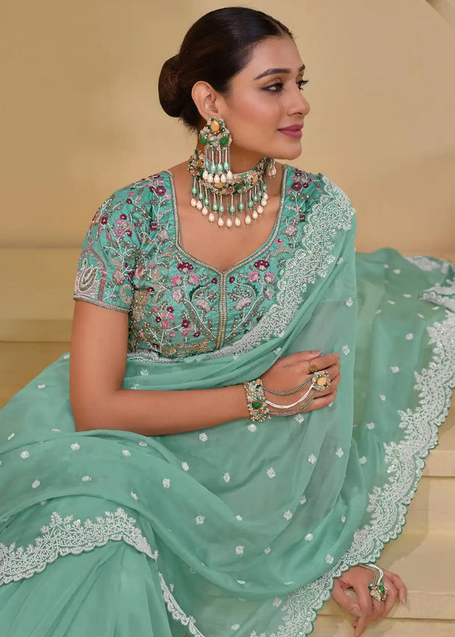 Sea Green Embroidered Banarasi Tuscany  Saree