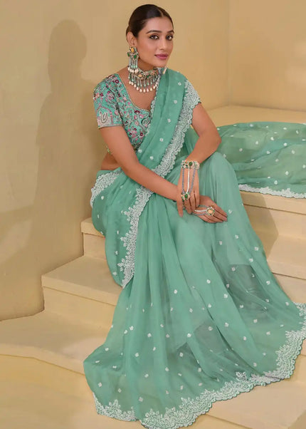 Sea Green Embroidered Banarasi Tuscany  Saree