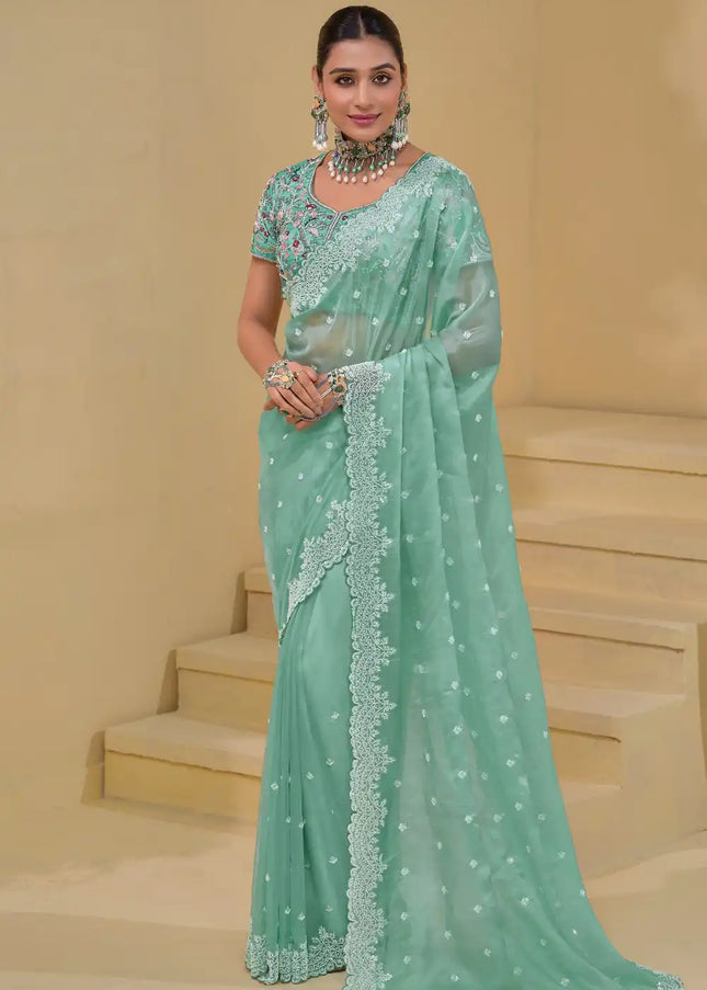 Sea Green Embroidered Banarasi Tuscany  Saree