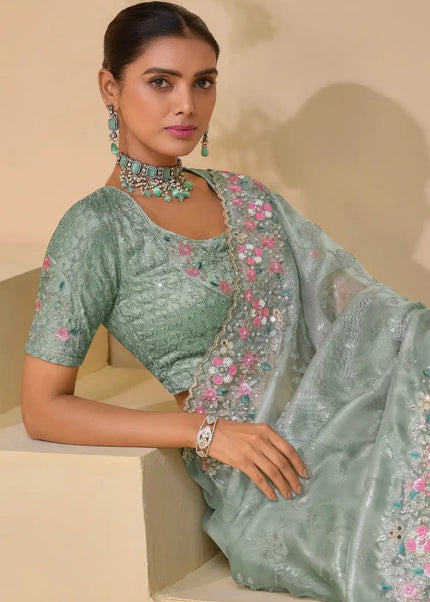 Pista Green Embroidered Banarasi Saree