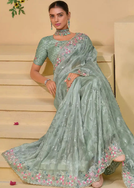 Pista Green Embroidered Banarasi Saree