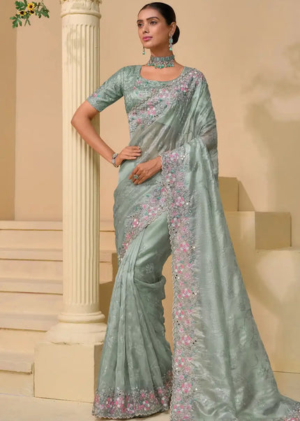 Pista Green Embroidered Banarasi Saree