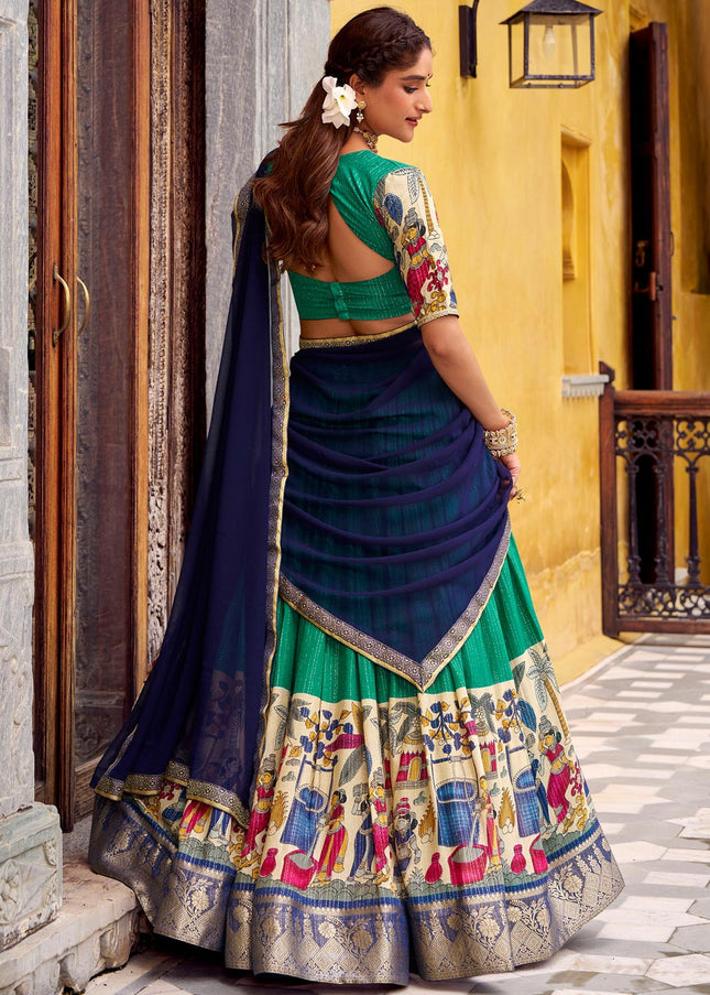 Sea Green and Purple Printed and Embroidered Lehenga Choli