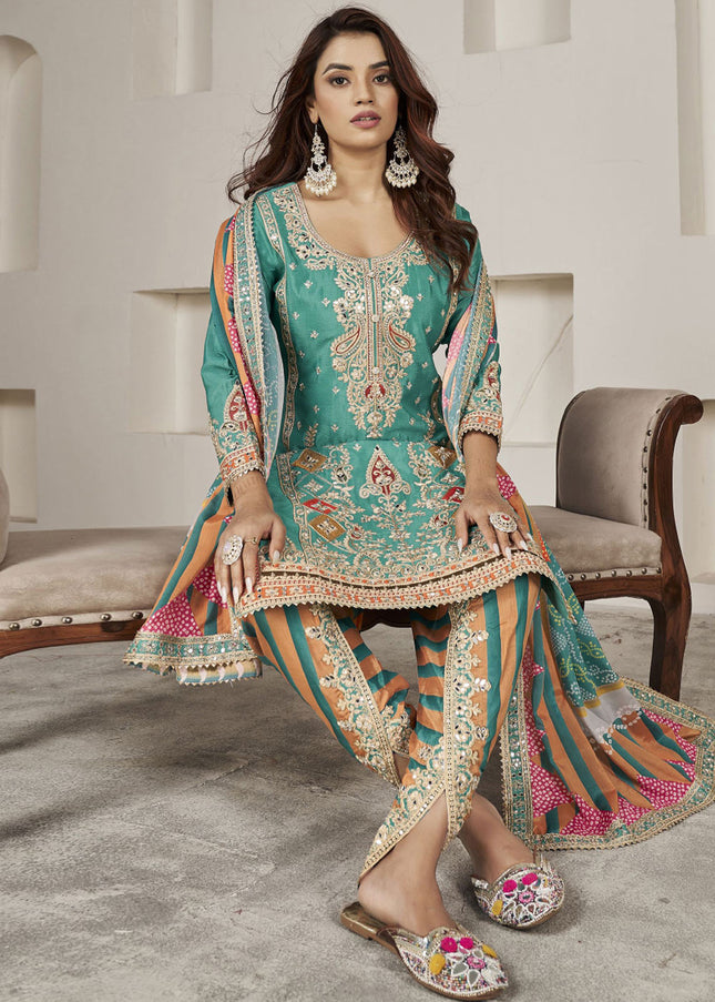 Sea Green Multi Embroidered Tulip Pant Style Suit