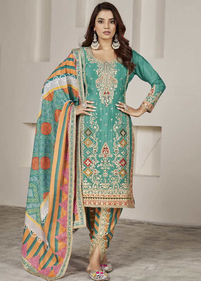 Sea Green Multi Embroidered Tulip Pant Style Suit