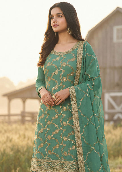 Sea Green Embroidered Sharara Suit