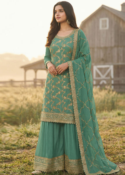 Sea Green Embroidered Sharara Suit