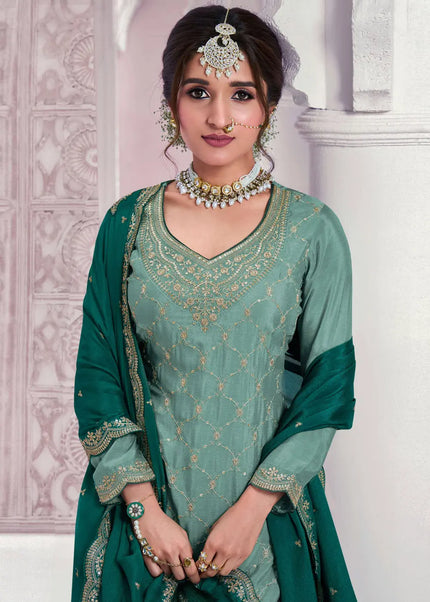 Sea Green Embroidered Palazzo Suit