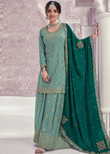 Sea Green Embroidered Palazzo Suit