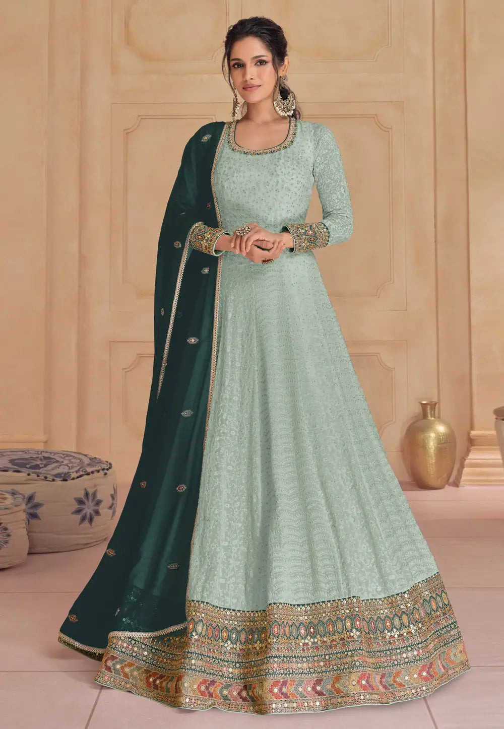 Sea Green Embroidered Anarkali Gown FALAKENOOR Sea Green Embroidered Anarkali Gown FALAKENOOR