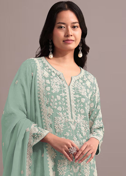 Sea Green Embroidered Gharara Suit