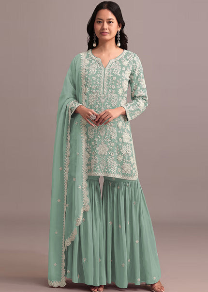 Sea Green Embroidered Gharara Suit