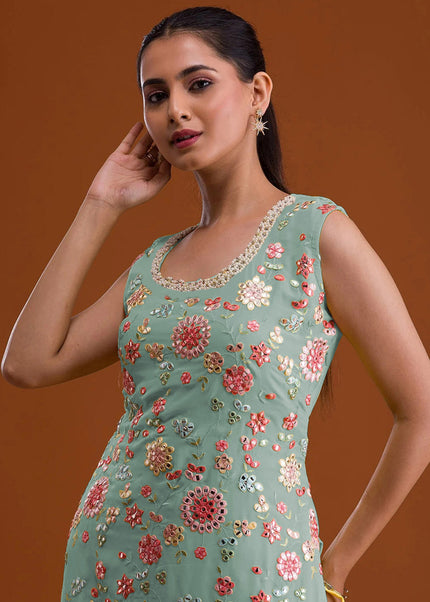 Sea Green Embroidered Sharara Suit