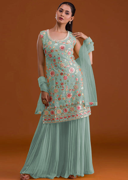 Sea Green Embroidered Sharara Suit