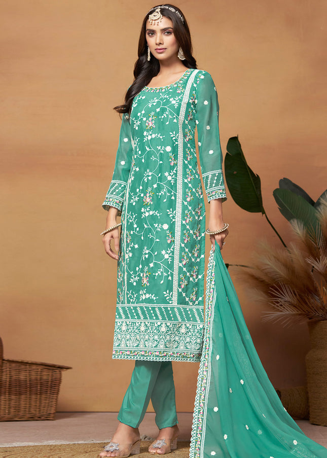 Green Embroidered Pant Style Suit