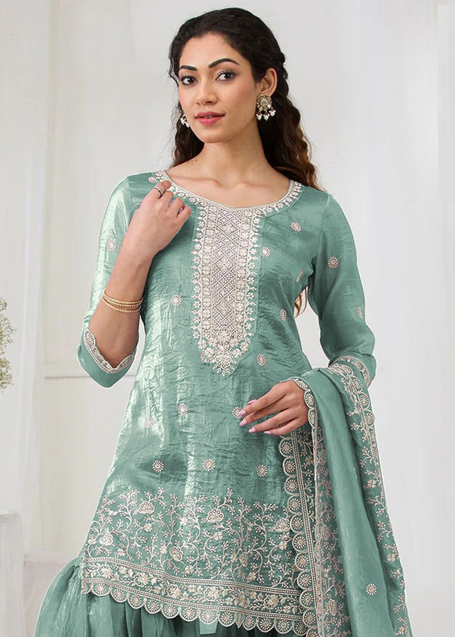 Sea Green Embroidered Sharara Suit