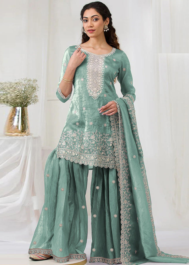 Sea Green Embroidered Sharara Suit