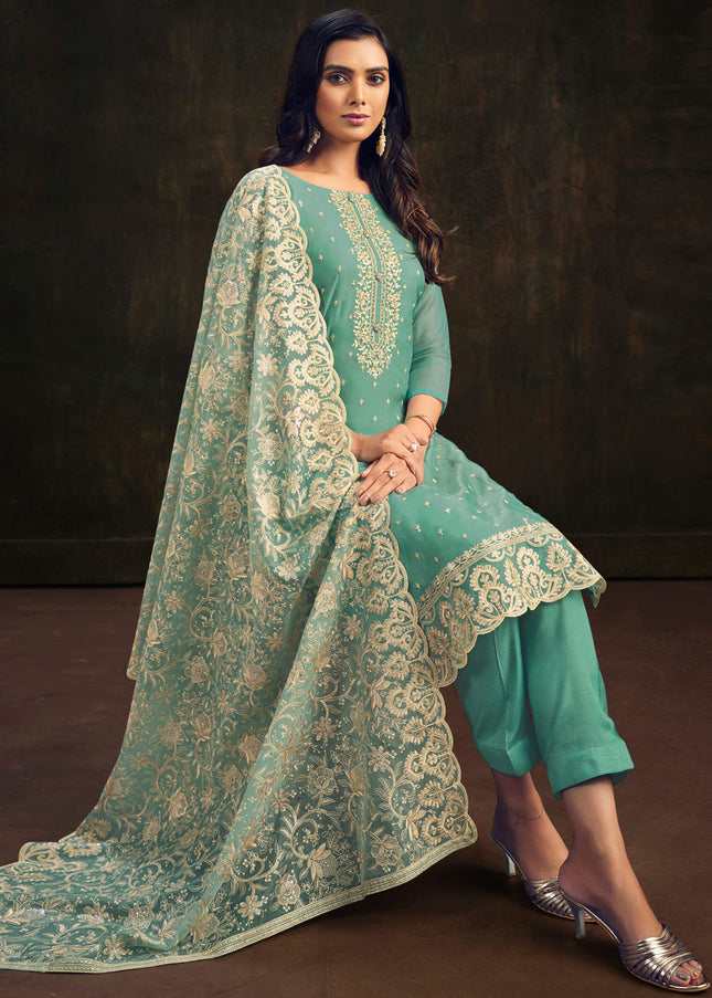 Aqua Embroidered Pant Style Suit