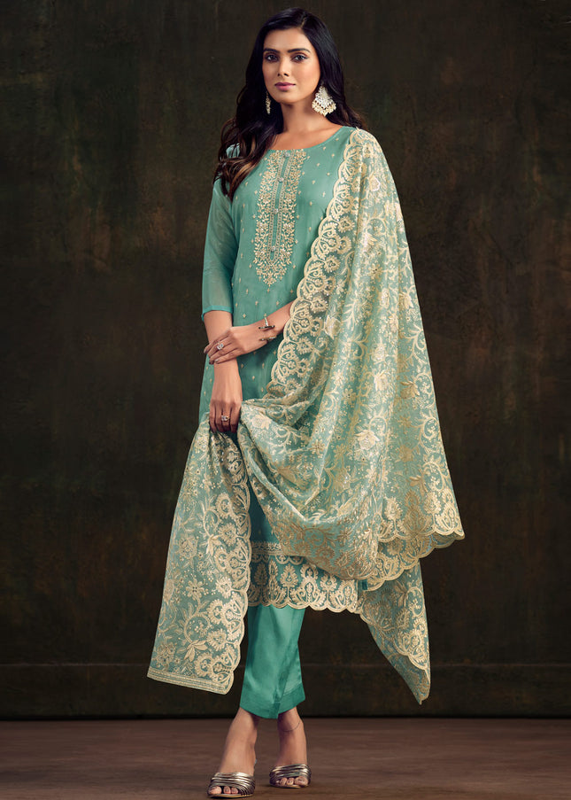 Aqua Embroidered Pant Style Suit