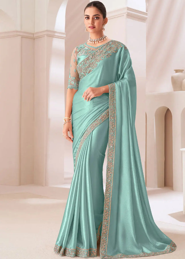 Aqua Blue Embroidered Saree