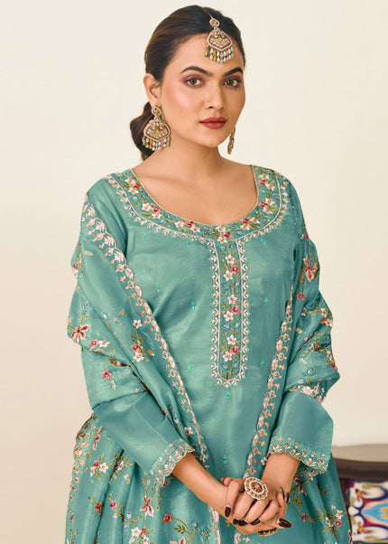 Sea Green Embroidered Pant Style Suit