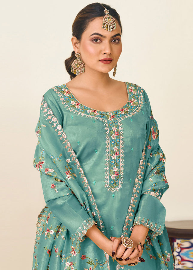 Sea Green Embroidered Pant Style Suit