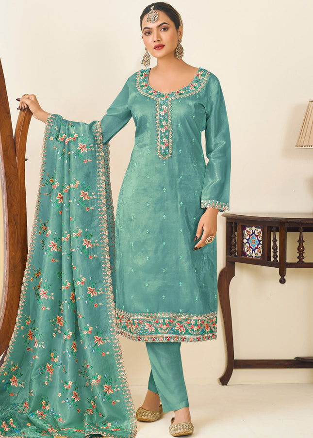 Sea Green Embroidered Pant Style Suit