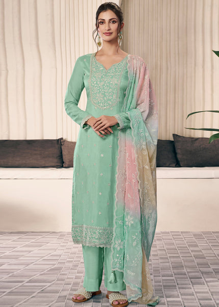 Sea Green Embroidered Pant Style Suit