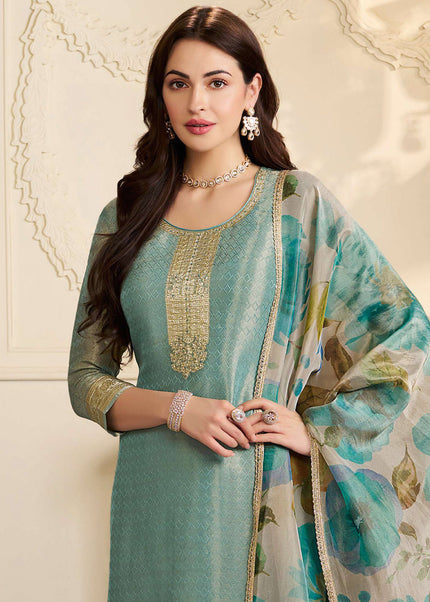 Sea Green Printed and Embroidered Pant Suit
