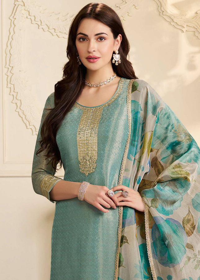 Sea Green Printed and Embroidered Pant Suit